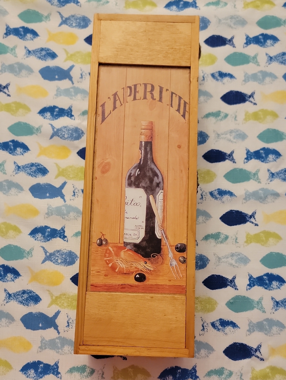 Wooden Wine Box with Vintage Bottle Art - Yellow